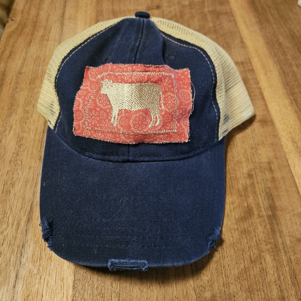 Ladies Trucker Hat. Distressed. Cow Embroidery. Navy W Red Patch  Western , Boho